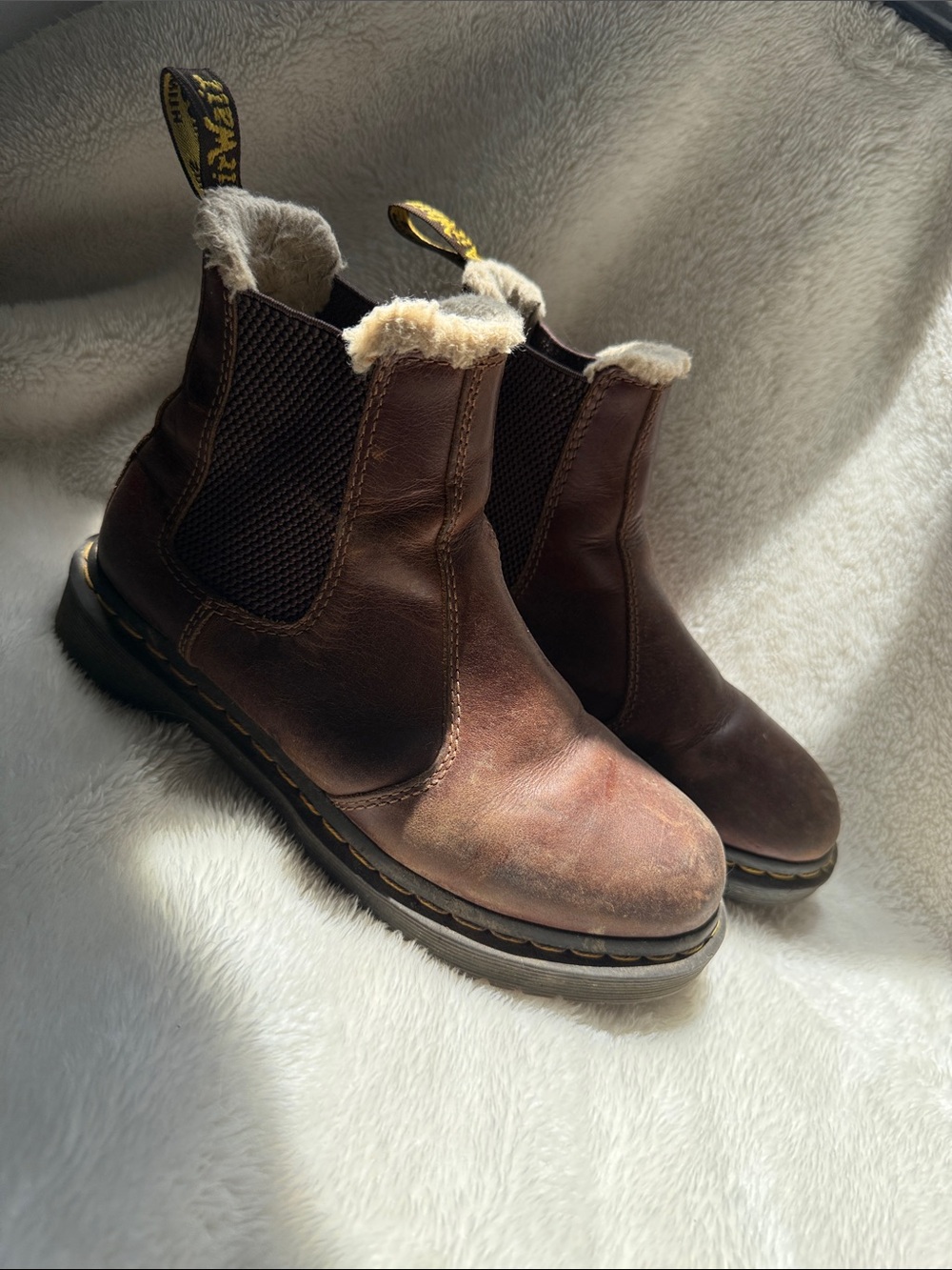 Dr. Martens Brown Leather Chelsea Boots with Shearling Trim